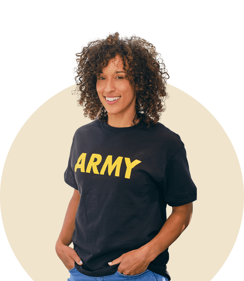 Happy woman in black Army t-shirt
